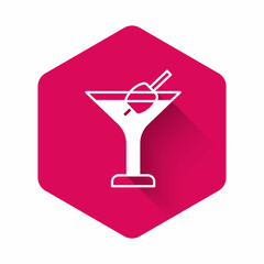 White Martini glass icon isolated with long shadow background. Cocktail icon. Wine glass icon. Pink hexagon button. Vector
