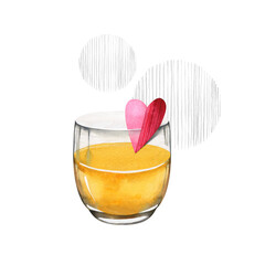 A glass of juice with a pink heart decor. A glamorous drink for Valentine's Day. Striped circles. Watercolor illustration on isolated background.