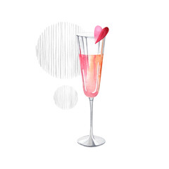 A glass of sparkling rose wine decorated with a heart. A glamorous drink for Valentine's Day. Striped circles. Watercolor illustration on isolated background for Love Party.
