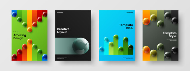 Unique 3D balls handbill template bundle. Vivid postcard vector design illustration set.