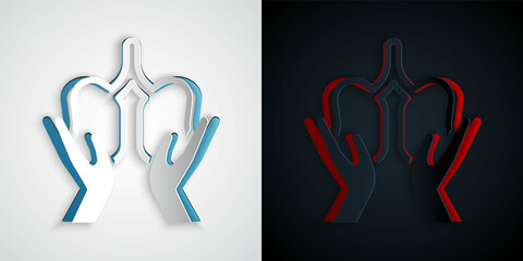 Paper cut Lungs icon isolated on grey and black background. Paper art style. Vector