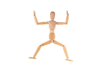 wooden man in a jump spread his arms isolated on a white background. Stretch concept