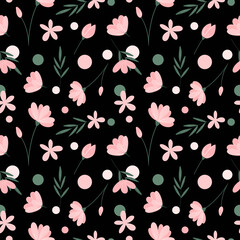 Delicate floral seamless pattern on black background. Pink flowers, green leaves, circles repeat print. Cute hand drawn ornament for textile, fabric, wallpaper, wrapping paper and decoration.