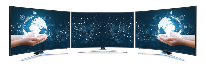 Curved TV 4K flat screen lcd or oled, plasma realistic, White blank HD monitor mockup, Modern video...
