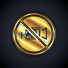 Gold Prohibition sign no video recording icon isolated on black background. Vector
