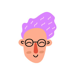 Character face cute grandmother in glasses isolated on white background. Trendy funny cartoon woman head. Colorful people avatar. Vector illustration