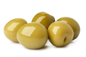Pile of green olives on white background