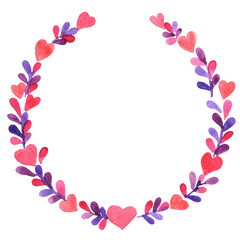 Red heart and mythical leaves wreath watercolor for decoration on wedding event and Valentine's day.