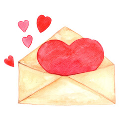 Obraz na płótnie Canvas Red heart in envelope watercolor illustration for decoration on Valentine's day and wedding events.
