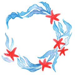 Red starfish and seaweed wreath watercolor for decoration on marine life and summer holiday events.