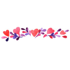 Red heart and mythical leaves border watercolor for decoration on wedding event and Valentine's day.