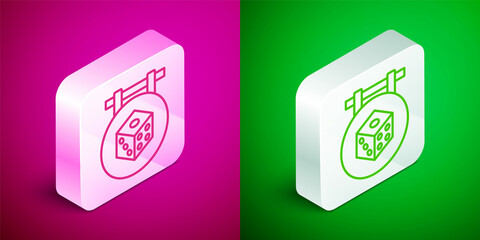 Isometric line Game dice icon isolated on pink and green background. Casino gambling. Silver square button. Vector