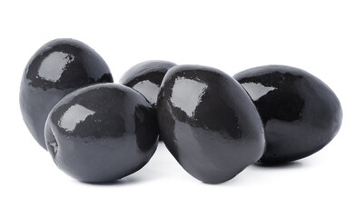 Pile of black marinated olives on white background