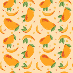 Seamless modern pattern with mango and dots in hand drawn style. Vector summer pattern in orange