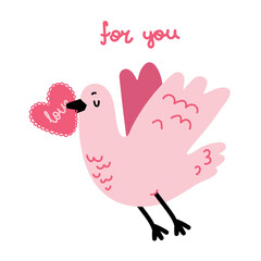 Valentine's day illustration in hand drawn style. Bird with valentine and lettering