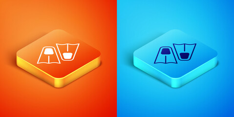 Isometric Rubber flippers for swimming icon isolated on orange and blue background. Diving equipment. Extreme sport. Diving underwater equipment. Vector © vector_v