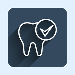 White line Tooth icon isolated with long shadow background. Tooth symbol for dentistry clinic or dentist medical center and toothpaste package. Blue square button. Vector