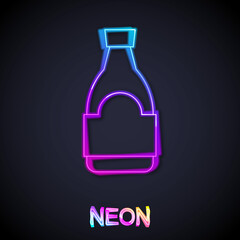Glowing neon line Soy sauce bottle icon isolated on black background. Vector