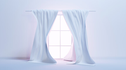 Glass window with white curtains silk fabric. Realistic interior of empty room with wall and floor. Satin cloth hanging on cornice, flowing material in blowing wind, realistic render 3d graphics