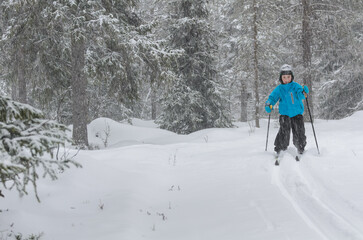 Young cross country skier in forest, Sweden.