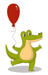 Cute cartoon green crocodile with a balloon. Merry alligator baby  illustration