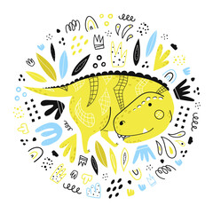 Dino. Cute dinosaur, Tyrannosaurus, hand-drawn in cartoon style. T-Rex. Doodle, flat, abstract, scandinavian style. Isolated illustration for children's clothing, books, postcards, design. Vector.