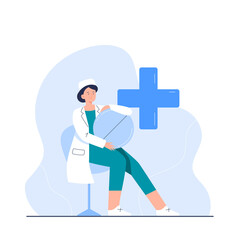 A young nurse with a big pill. The character of a female doctor in full growth. Vector flat illustration for the clinic's website, banner, applications.