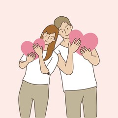 Couple holding heart shape. Love your body concept. Love yourself. Valentine's day. Self care and body positive. Hand draw style. Vector illustration.