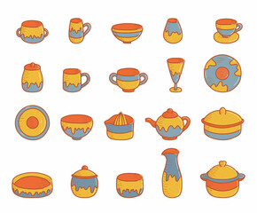 A set of ceramic kitchenware. Clay dishes. Hand drawn vector illustration. Doodle elements isolated on white background