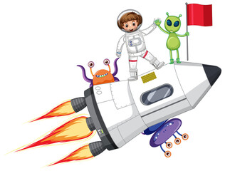 An astronaut on rocketship with aliens in cartoon style