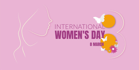 International Women's Day. Minimalistic number 8 decorated with flowers and butterflies on pink background and silhouette of a woman's face.Vector,Illustration eps10
