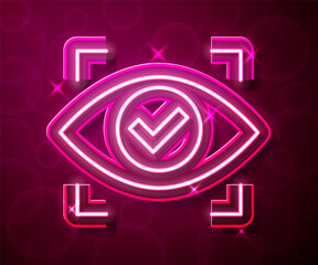 Fototapeta premium Glowing neon line Eye scan icon isolated on red background. Scanning eye. Security check symbol. Cyber eye sign. Vector
