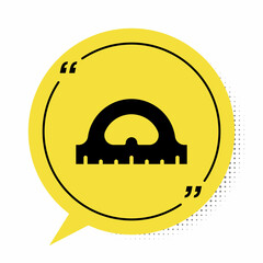 Black Protractor grid for measuring degrees icon isolated on white background. Tilt angle meter. Measuring tool. Geometric symbol. Yellow speech bubble symbol. Vector