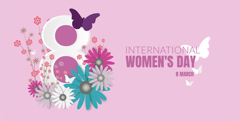 International Women's Day. Number 8 decorated with flowers and butterflies on pink background.Vector,Illustration eps10