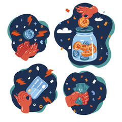 Cartoon vector illustration of hands holding ticket or money, credit card, coin, cash and make saving.