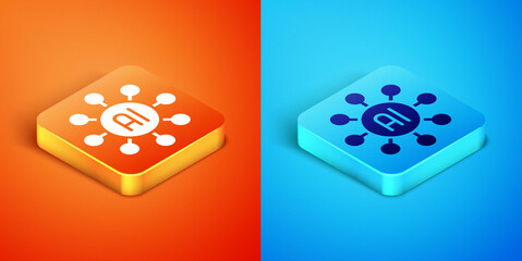 Isometric Neural network icon isolated on orange and blue background. Artificial intelligence AI. Vector