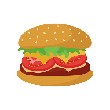 Hamburger is a traditional sandwich with a cutlet, bun, tomato, salad, cheese for the concept of fast food. Vector illustration for design or decoration.