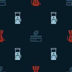 Set Coffee maker moca pot, Electronic coffee scales and Electric grinder on seamless pattern. Vector