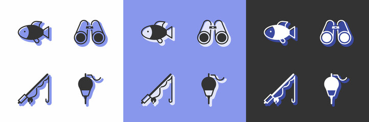 Set Fishing float, rod and Binoculars icon. Vector