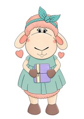 Cute sheep in dress with small gift