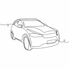 The Artists Continuous one simple single abstract line drawing of car icon in silhouette on a white background. Linear stylized.