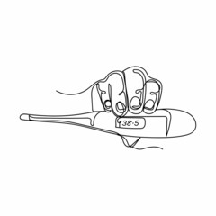 The Artists Continuous one simple single abstract line drawing of hand showing temperature icon in silhouette on a white background. Linear stylized.