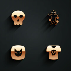 Set Skull, Voodoo doll, Black cat and Shirt with skull icon with long shadow. Vector