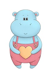 Cute hippo in overall with yellow heart