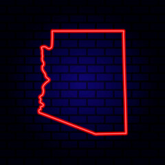 Neon map State of Arizona on brick wall background.