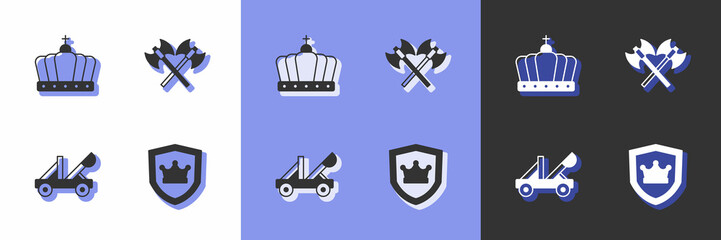 Set Shield with crown, King, Medieval catapult and Crossed medieval axes icon. Vector