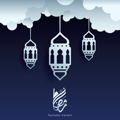 Ramadan Kareem Arabic Calligraphy greeting card vector illustration with ornament background .Translation: "Generous Ramadan".	