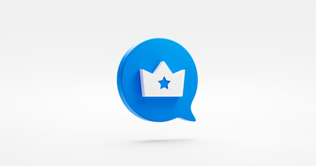 Blue premium crown icon message bubble of 3d graphic element symbol or gold certificate membership luxury king emblem and success vip quality award victory star sign isolated on white background.
