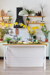 Easter interior in white cute retro kitchen
