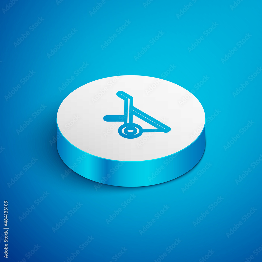 Sticker Isometric line Wheelbarrow icon isolated on blue background. Tool equipment. Agriculture cart wheel farm. White circle button. Vector